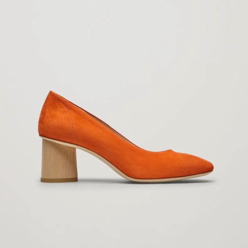 COS Orange Suede & Wood Block Heel Mod Style Square Toe Pumps Short Heels Size 7